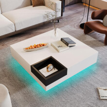 Couchtisch, Hochglanz-Wohnzimmertisch, Beistelltisch mit abnehmbarer Aufbewahrungsbox, Farbblockweiß und Schwarz, 72*72*30 cm, Mit LED-