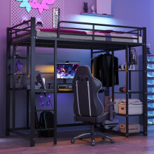 Hochbett mit Leiter 90*200cm , Einzelbett Kinderbett mit Tisch mit einfacher Aufhängung mit Ablagefächern, Schwarz