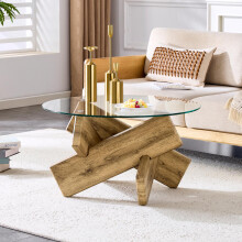 Multi-Farbe optional MDF + Glas runder Couchtisch: Kreativer Kreuz Holzrahmen, einfach und modisch. 79cm Durchmesser, 0,8cm dicke gehär