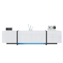 TV-Schrank, Lowboard, weißer Hochglanzschrank und schwarz abgesetzte Tischbeine, mit schlichten Schranktüren und Schubladen.