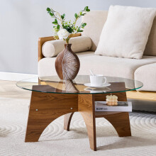 Moderner runder Beistelltisch aus Sicherheitsglas - Ø 80 cm, multifunktionales Design. Fächerförmiges Gestell. Tischbeine aus MDF in Nu