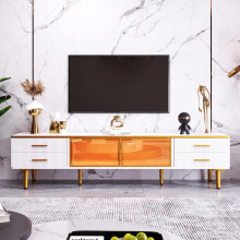 TV Schrank in Mamoroptik, Fernsehschrank mit 4 Füßen, Mit LED, 4 Strukturierte Schubladen mit Goldenen Griffen und zwei Braune Türen au