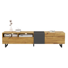 Colorblock-TV-Schrank, einfaches Kontrastfarbdesign, drei Türen und zwei Fächer, U-förmige Metallbeine, Retro-Holzmaserung