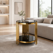 Moderner runder Glas-Endtisch für Wohnzimmer, schwarzer und goldener Seitentisch Glas Top, Luxus-Kreis-Teetisch mit Edelstahl-Beinen, k