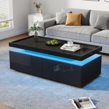 95*45*35cm Couchtisch,Wohnzimmertisch mit LED, kaffeetisch mit 2 Schubladen, Hochglanz Sofatisch,moderner minimalistischer Tisch,Beiste