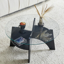Moderner runder Beistelltisch aus Sicherheitsglas - Ø 80 cm, multifunktionales Design. Fächerförmiges Gestell. Tischbeine aus MDF mit s