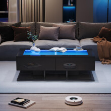 100*50*35cm Couchtisch, Hochglanz Sofatisch, Wohnzimmertisch mit Schubladen, Kaffeetisch mit LED-Licht, Glasplatte, Schwarz