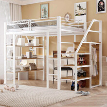 Hochbett 140*200cm, dreilagiges Ablageregal, Schreibtisch, Kleiderschrank, Sicherheitsstufen mit Ablagefach, hohes Zaundesign, Eisenbet