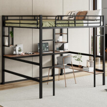 Hochbett, 140x200cm Bettgestell Metallbett, Eisenbett mit Schreibtisch, Ohne Matratze, Hochbett mit vier kleinen Regalen und einem gro