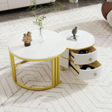 2-in-1 runder MDF-Couchtisch, Beistelltisch mit glänzender Platte und 1 weißer Marmorplatte, Wohnzimmer-Couchtischkombination mit 2 Sch