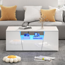 100*50*40cm couchtisch, sofatisch mit LED licht, Hochglanz-wohnzimmertisch mit 2 schränke, Beistelltisch, kaffeetisch mit 1 schublade,U