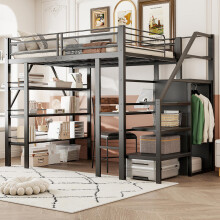 Hochbett 140*200cm, dreilagiges Ablageregal, Schreibtisch, Kleiderschrank, Sicherheitsstufen mit Ablagefach, hohes Zaundesign, Eisenbet