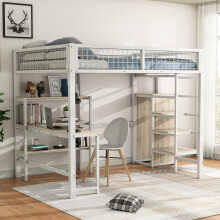 Hochbett, 140*200 cm, Eisenbett, Ablageleiter, mehrere Regale, Ohne Matratze, Einbauschrank, Schreibtisch, Weiß