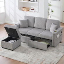 Hochwertiges Samtsofa mit LED-Beleuchtung & USB-C-Port, inklusive Stauraum-Fußteil, praktischen Getränkehaltern und Seitentaschen – Pr