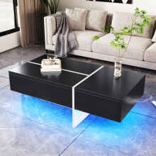 Hochglänzender Couchtisch, schwarz-weiße Colorblock-Struktur, Wohnzimmermöbel, 100*50*34,5cm, mit App-gesteuertem LED-Beleuchtungssyste