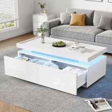 95*45*35cm Couchtisch,Wohnzimmertisch mit LED, kaffeetisch mit 2 Schubladen, Hochglanz Sofatisch,moderner minimalistischer Tisch,Beiste