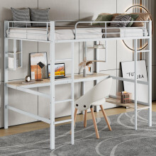 90x200cm Bettgestell Metallbett, Eisenbett mit Schreibtisch, Hochbett mit vier kleinen Regalen und einem großen Bücherregal für Kinder,
