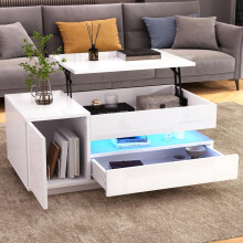 95*50*34.5cm anhebbarer Couchtisch, Wohnzimmertisch,Beistelltisch,kaffeetisch mit 1 Schublade,1 Schrank,Sofatisch mit LED,Hochglanz-tee