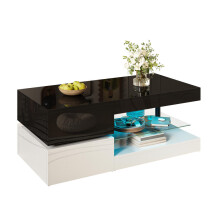 Moderner Couchtisch mit LED-Ambientebeleuchtung, APP- und Bluetooth-Steuerung, Glasablage & Hochglanz-Oberfläche, Schwarz-Weiß-Design f