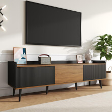 TV-Schrank, TV-Tisch, TV-Ständer, dreitüriger Unterschrank. Kompakte Konstruktion. Schwarz und natürliches Holzfinish. Höhe 49,5 cm / L