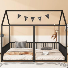 Metallbett, Kinderbett, 90*200cm , Ohne Matratze, Geländer, Leiter, Hausmodellierung, Doppelbett Design, Doppelbett, Eisenrahmen, Schwa