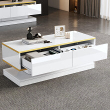 100*50*38cm Hochglanz-Couchtisch,Sofatisch mit 2 großen Schubladen, einzigartiger Wohnzimmertisch, warmweiß + goldener Rand kaffeetisch