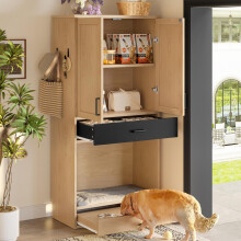 Multifunktionaler Tierschrank in Eichenoptik 160cm hoch–Futterstation mit Napf,Hundebett,Stauraum und Haken–Tiermöbel und Küchenschra
