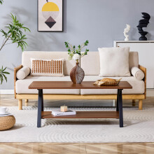 Moderner industrieller Couchtisch mit Stauraumregal, Walnuss-Holzmaserung und schwarzem Metallrahmen, 110x57x44,5cm, zeitgemäßer Wohnzi