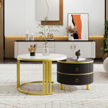 2-in-1 runder MDF-Couchtisch, Beistelltisch mit glänzender Platte und 1 weißer Marmorplatte, Wohnzimmer-Couchtischkombination mit 2 Sch