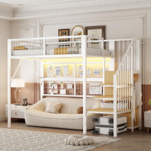 Eisenbett, Etagenbett, Hochbett 90*200, Geeignet für Kinder und Jugendliche Vielseitiges,Metall-Hochbett mit APP-gesteuerten LED-Licht