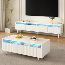 Modernes LED-Möbelset: Viertüriger TV-Ständer und Couchtisch mit zwei Schubladen – Weiß mit Gold-Design, LED-Beleuchtung, Wellenstrukt