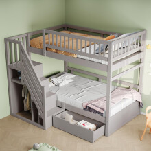 Etagenbett Aus Massivholz 90*200 cm, Mit Hohem Sicherheitsgitter, Mit Lattenrost, Sicherheitsleiter mit Stauraum, Mit Stauschubladen, K