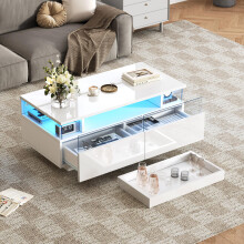 90 * 45 * 35.5 cm Couchtisch mit Tablett, Hochglanz-Couchtisch fürs Wohnzimmer, Sofatisch mit 2 Schubladen, tragender Beistelltisch aus