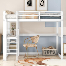 Kinderbett Hochbett Bettgestell mit Stauraum, komplett aus Kiefer, mit 4 Ablagefächern und einer Schreibtischplatte, weiß, 140 X 200 cm