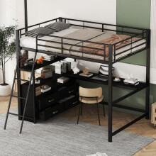 Hochbett, 140*200cm , Eisenrahmenbett, praktische Schubladen, stilvoller L-förmiger Schreibtisch, Laminatdesign, Ohne Matratze, Schwarz
