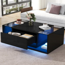 100*50*31cm Couchtisch,kaffetisch mit 1 Schublade und LED-Lichtleiste, Beistelltisch aus gehärtetem Glas,Hochglanz-Sofatisch,Schwarzer