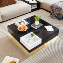 Couchtisch, Hochglanz-Wohnzimmertisch, Beistelltisch mit abnehmbarer Aufbewahrungsbox, Farbblockweiß und Schwarz, 72*72*30 cm, Mit LED-
