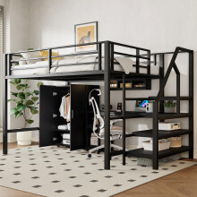 Hochbett, 140*200cm , Kleiderschrank, Regale, Ablageleiter, Schreibtisch, ohne Matratze, Schwarz