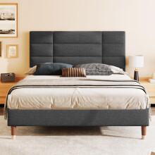 Polsterbett, Doppelbett mit Lattenrost, 140x200cm gepolsteres Bettgestell mit Kopfteil, in Dunkelgrau Leinen, für Erwachsene&Jugendlich