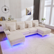 Modernes U-Sofa mit LED Ambientebeleuchtung & der USB-C-Port Massivholzrahmen, 4 luxuriöse Kissen & ergonomische Premium Rückenlehne