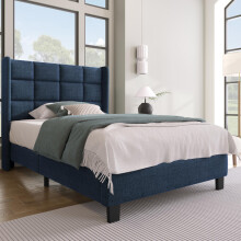 Modernes Design Polsterbett Mit seinem gepolstertes Kopfteil Einzelbett mit Lattenrost, 90x200cm ,in Blau Leinen, mittelfest (Ohne Matr