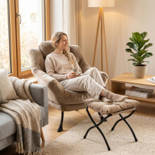 Sessel mit Hocker, Relaxsessel mit Armlehnen, Seitentasche & Fußstütze, Loungesessel, Fernsehsessel, Ohrensessel für Wohnzimmer, Schlaf