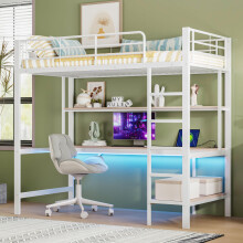 Hochbett, 90*200 cm, Geländer, Trittleiter, mit usb und Steckdose, Mit LED-Leuchten, Schreibtisch, mehrstöckiges Regal, ohne Matratze,