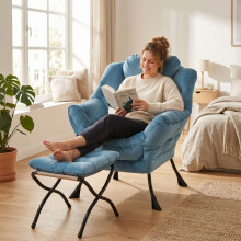 Sessel mit Hocker, Relaxsessel mit Armlehnen, Seitentasche & Fußstütze, Loungesessel, Fernsehsessel, Ohrensessel für Wohnzimmer, Schlaf