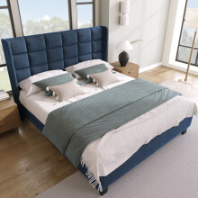Polsterbett Mit seinem gepolstertes Kopfteil Doppelbett mit Lattenrost, 140x200cm ,in Blau Leinen, mittelfest(Ohne Matratze)