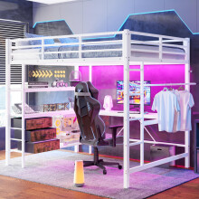 Hochbett, 140*200cm , Mit LED-Leuchten, Schreibtisch, Steckdose + USB, 3 Schubladen, Regale, Geländer, Treppe, ohne Matratze, Weiß