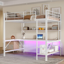 Hochbett, 140*200 cm, Geländer, Trittleiter, mit usb und Steckdose, Mit LED-Leuchten, Schreibtisch, mehrstöckiges Regal, ohne Matratze,