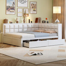 Sofa-Holzbett 140 x 200, multifunktionales Bett mit weicher Rückenlehne, großer Stauraumschublade, Einzelbett, Jugendbett, Holzbett aus