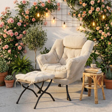 Sessel mit Hocker, Relaxsessel mit Armlehnen, Seitentasche & Fußstütze, Loungesessel, Fernsehsessel, Ohrensessel für Wohnzimmer, Schlaf