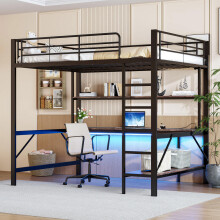 Hochbett, 140*200 cm, Geländer, Trittleiter, mit usb und Steckdose, Mit LED-Leuchten, Schreibtisch, mehrstöckiges Regal, ohne Matratze,